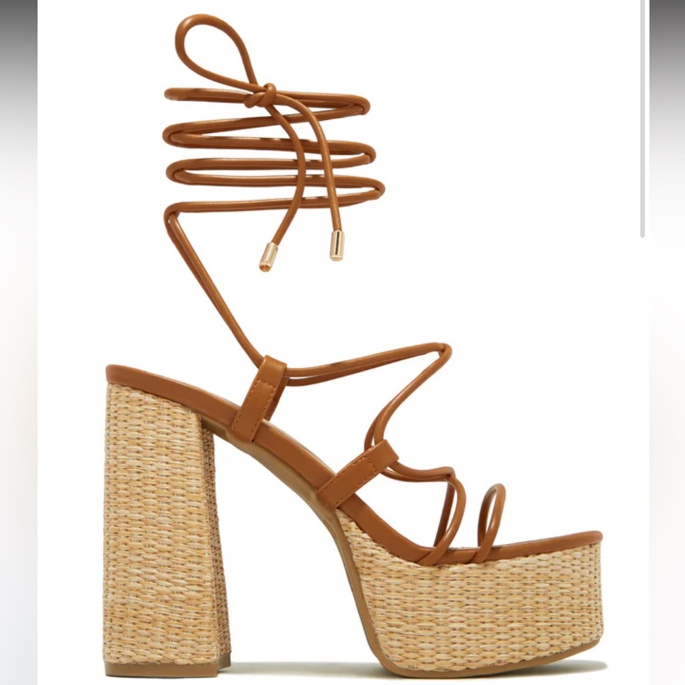 Womens size 8 Raffia Platform Lace-Up Block Heels | 5” Heel | Neutral Tan | NWOT